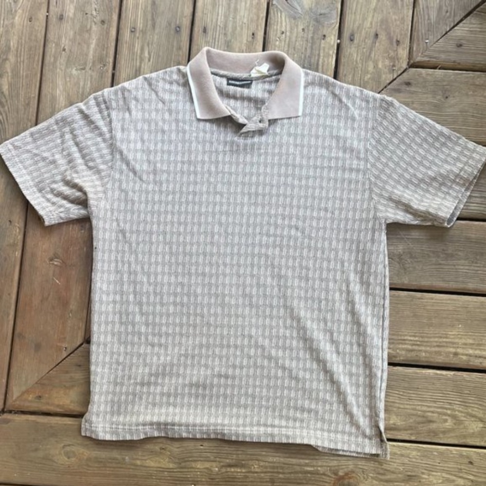 Vintage Men's 90's Expressions Tan White Black Golf Polo Collared Shirt Size. L